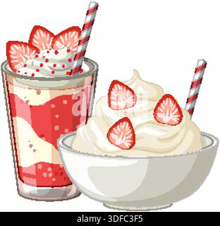 Vektor-Illustration eines mehrschichtigen Erdbeermilkshake und Schlagsahne Schüssel auf weißem Hintergrund Stock Vektor