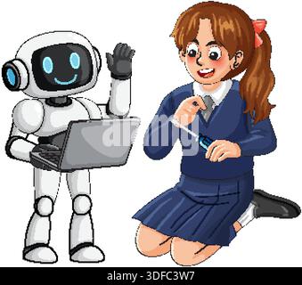 Lächelndes Schulmädchen kniet neben freundlichem Karikaturroboter, lernt Roboter mit Schraubenzieher, helle flache Illustration Stock Vektor