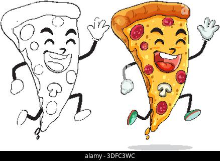 Fröhliche Pizzaschnitzel Charakter springen, farbige und umrissene Versionen, Zeichentrickvektor Illustration, weißer Hintergrund Stock Vektor