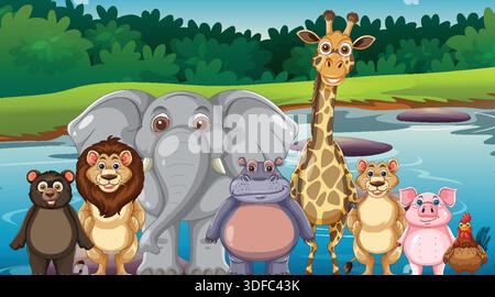 Bunte Vektor-Illustration von lächelnden Tieren, die in der Nähe eines Flusses in üppigem Wald stehen Stock Vektor