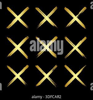 Goldene Grunge-Kreuze, Pinselstriche, Linien, Tintenflecken, handgezeichnete Kritzelformen. Handgemachte, skizzenhafte Markierungen, Acrylflecken, Holzkohlestreifen. Farbe Stock Vektor