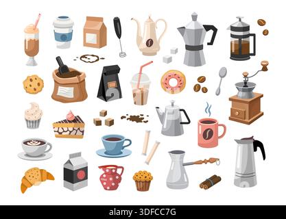 Set aus Elementen für Kaffeegetränke. Vector Cup, Kaffeebohnen, türkische Kaffeekanne, Zimtstangen, Zucker, Spots. Vektorsammlung Stock Vektor