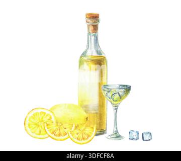 Limoncello-Likör in Aquarellfarben mit Glas, Eiswürfeln und ganzen Zitronen und Scheiben. Handgezeichnetes traditionelles italienisches Getränk für Bargetränke Stockfoto