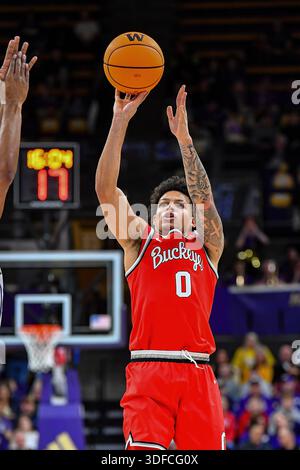 11. Januar 2026: Ohio State Guard John Mobley Jr. (0) schießt den Ball während des NCAA Basketballspiels zwischen den Ohio State Buckeyes und Washington Huskies in Seattle, WA. Washington besiegte Ohio State 81–74. Steve Faber / CSM Stockfoto