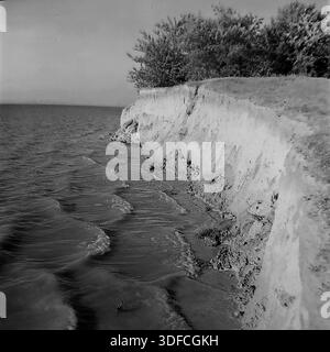 Krim, Ukraine, UdSSR, 1960er Jahre Ein stimmungsvolles Schwarz-weiß-Archivfoto, das eine dramatische Küstenlandschaft feststellt. Auf der rechten Seite dominiert ein steiler Lehm mit erodierendem Boden, gekrönt von Gras und dichten Bäumen. Auf der linken Seite krachen dunkle Wellen des Meeres gegen das schmale Sandufer. Das Bild vermittelt die rohe Kraft der Natur und den kontinuierlichen Prozess der Küstenerosion. Die Horizontlinie unterscheidet sich von einem hellen Himmel. Diese malerische Aussicht weckt ein Gefühl der Einsamkeit und die wilde Schönheit der südlichen Landschaft während einer friedlichen Zeit. Stockfoto