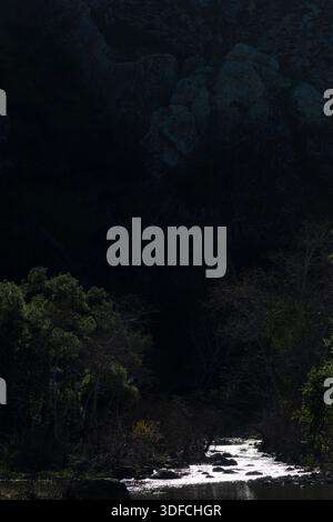 Sonnenlicht leuchtet von der Oberfläche des Malibu Creek, während er durch einen schattigen Canyon unter steilen Felswänden im Malibu Creek State Park, Kalifornien, fließt. Stockfoto
