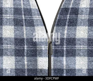 Denim-Gewebe mit offenem Reißverschluss und kariertem Muster. Reißverschluss oder Verschluss ausgezogen. Offener Reißverschluss und Fleece mit Karomuster in dunkelgrau und Stockfoto