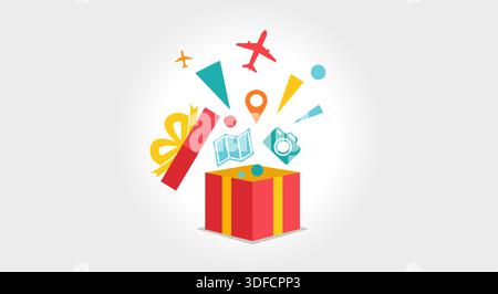 Eine helle und bunte flache Design-Vektor-Illustration, die das Konzept einer Reise- oder Urlaubsgeschenk-Überraschung darstellt. Stock Vektor