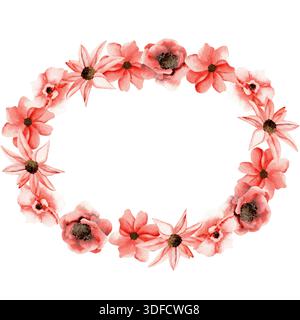 Ein ovaler Rahmen mit roten Aquarellblumen. Eine botanische Illustration der Wildblumen. Eine natürliche Zeichnung von blühenden Blumen, die sich zusammen gruppieren. Stockfoto