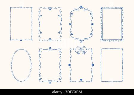 Set aus niedlichem Vintage-Rahmen mit Bändern und Noppen. Dekorative und festliche Kritzelrahmen mit welligen, skurrilen Kunstlinien, Herzen und Schleifen. Minimalistisch Stock Vektor