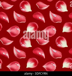 Rote Rosenblüten und transparente Wassertropfen in nahtlosem Muster in Aquarelltechnik als Symbol für Liebe, Leidenschaft und Begehren. Handgezeichnet Stockfoto