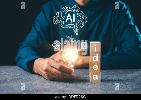 Hand hält Glühbirne für das Wachstum von Geschäftsideen, Concept Solution bietet Marketing Glühbirnen Ideen mit künstlicher Intelligenz Gehirn Icon, Holzblock Stockfoto