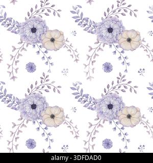 Nahtloses Aquarellmuster mit bezaubernder lila Blume Stockfoto