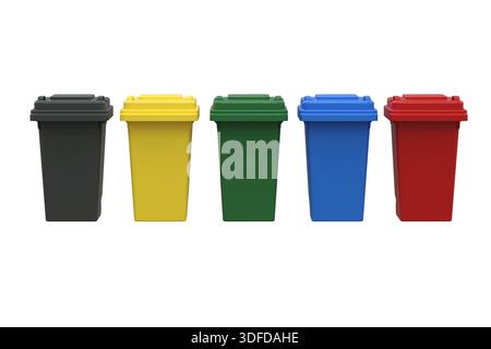 Recyclingbehälter in verschiedenen Farben für die Abfallsortierung – 3D-Rendering Stockfoto