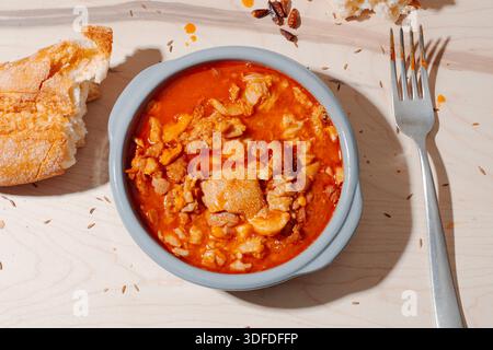 Eine Schüssel Callos, ein traditionelles spanisches Gericht aus Rinderkraut, langsam in einer scharfen Paprika-Sauce gekocht, serviert mit rustikalem Brot auf einem Holztisch Stockfoto