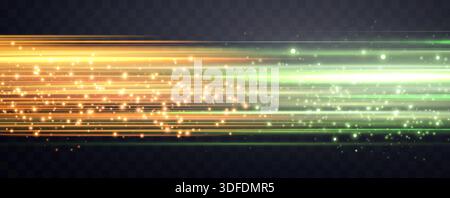 Geschwindigkeitsstrahlen, Geschwindigkeitslicht Neonströmung, Zoom in Bewegungseffekt, grüne und orange leuchtende Geschwindigkeitslinien, bunte Lichtspuren, Streifen. Abstrakter Hintergrund Stock Vektor