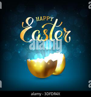 Grußkarte „Happy easter“. Gebrochenes goldenes osterei mit Lichtstrahlen auf dunkelblauem Hintergrund. Glanz von Gold. Bokeh, das Glühen eines zerrissenen Goldes Stock Vektor