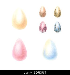 Ostereier Aquarellset. Hühnchen und Wachteleier in zarter Pastellfarbe. Gelbes, rosafarbenes, blaues Weihnachtsessen in der Schale. Handgezeichnete Abbildung mit Stockfoto