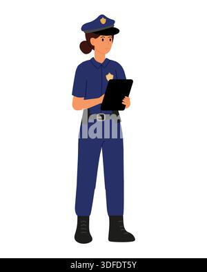 Beweisaufnahme. Ein Polizist mit blauer Uniform nimmt Zeugenaussagen ab. Cartoon-Vektor-Illustration in flacher Form. Stock Vektor