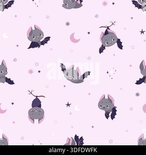 Nahtloses Muster für Cartoon Fledermaus. Lustige Fledermaus, gruselige Waldtiere verschiedene Emotionen. Eleganter Druck für Stoff, Textil, Tapeten, Verpackung Stock Vektor