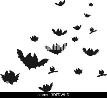 Fliegende schwarze Fledermäuse. Fledermaus-Silhouetten fliegen in der Flock. Horror Night Tiere, wilde Naturfiguren. Flache isolierte Elemente, Wandaufkleber für die Konstruktion Stock Vektor