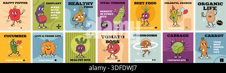 Poster mit groovigem Gemüse. Lustige vegane Charaktere, frische Bauernprodukte. Winzige Banner mit Karotten, Kohl, Kartoffeln, Pfeffer, Kürbis, neoterischer Vektor Stock Vektor