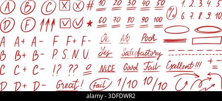 Prüfen Sie rote Stiftmarkierungen. Der Lehrer punktet für Hausaufgaben oder Prüfungen, Zahlen, Wörter, Buchstaben. Schule College Uni Score Kritzelei handgezeichnet Stil, neoterisch Stock Vektor