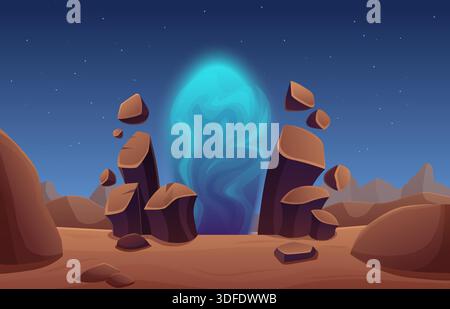 Hintergrund des Fantasy-Portals. Eingang von flüssigem glühendem Plasma in der Wüste des fremden Planeten, Sandlandschaft. Futuristisches Tor in die andere Welt, sapid Vektor Stock Vektor