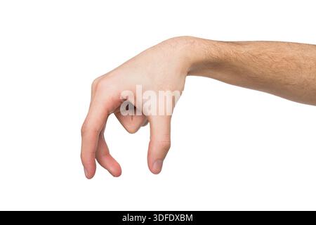 Mann macht Gesten, während er ein paar Dinge auf weiß nimmt Stockfoto