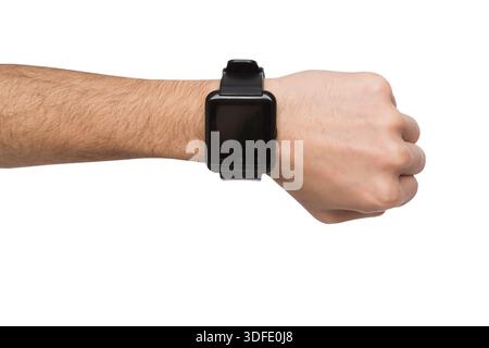 Modell der Hand, die eine intelligente Uhr trägt, Ausschnitt Stockfoto