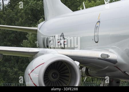 BERLIN - 05. JUNI 2024: Das Fragment der Marinepatrouille und Aufklärungsflugzeuge Boeing P-8A Poseidon. US NAVY. ILA Berlin Air Show 2024 Stockfoto