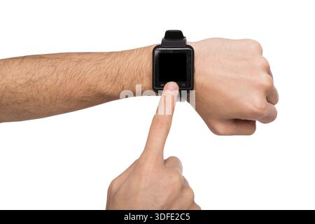 Modell der Hand, die eine intelligente Uhr trägt, Ausschnitt Stockfoto