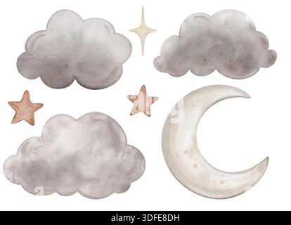 Thunderwolken Grey Air Wolken und Sterne. Süßes Baby-Set mit Mond. Isolierte handgezeichnete Aquarellillustration. Design für Kinderwaren, Kleidung Stockfoto