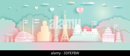 Reisen Sie zu den Wahrzeichen der japanischen Architektur mit Liebesballons im farbenfrohen Hintergrund. Papierkunst, Papierschnitt, Origami, Postkarten- und Posterdesign. Reise Tokio Stock Vektor