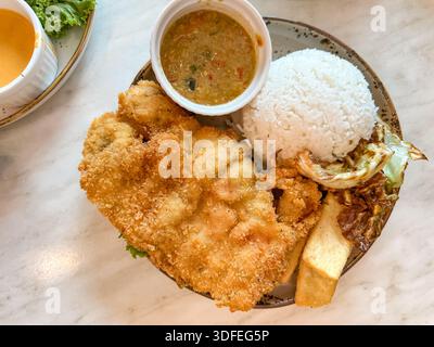 Nasi Ayam Gepuk, gebratenes Schnitzel im asiatischen Stil mit Reis, Tofu, Gemüse und Sambal auf Marmoroberfläche. Stockfoto