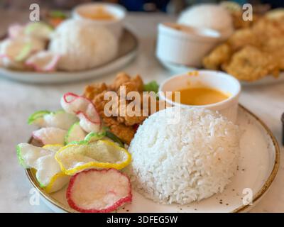 Gebratenes Hähnchen nach malaysischer Art mit Reis, gesalzener Eierdippsoße, Garnelencrackern und Salat auf einem sauberen weißen Teller. Stockfoto
