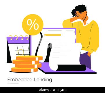 Vektor-Illustration eines durchdachten Geschäftsmannes, der Konzepte für eingebettete Kreditvergabe analysiert. Mit Finanzsymbolen wie Münzen und einem Prozentzeichen, das das Finanzmanagement widerspiegelt. Stock Vektor