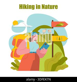 Cartoon-Illustration einer Frau, die mit Rucksack und Telefonkarte in der Natur wandert. Die Szene umfasst Richtungsschilder und sanfte Hügel, die die Erkundungsatmosphäre im Freien einfangen. Stock Vektor