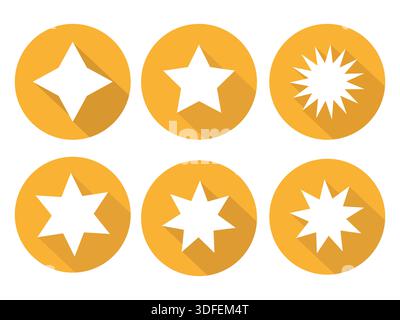 Gelbe Sternformen. Sammlung geometrischer Symbole. Weiße Kreise Vektorelemente. Isolierter Satz mit flacher Ausführung. Stock Vektor