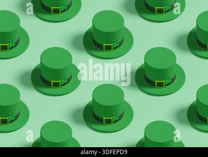 Isometrisches nahtloses Muster des Leprechaun-Hutes mit Klee. St. Patrick's Day-Konzept. 3D-Abbildung. Stockfoto