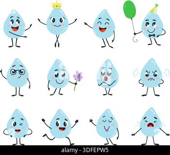 Lustige Wassertropfen. Cartoonblau lässt verschiedene Posen und Emotionen fallen. Aqua-Charakter tanzt, weint, Ballon halten. Niedliche Aufkleber, klassisch Stock Vektor