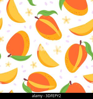 Saftiges, nahtloses Mango-Muster. Tropische Früchte mit Blättern. Mangodruck für Stoff, Tapeten, Verpackung. Dekorativer Vitaminhintergrund, rassiger Vektor Stock Vektor