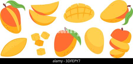 Cartoon Mango. Saftige exotische Früchte, frische Mangos in verschiedenen Formen, Scheiben, Würfel, halb und voll. Tropische Vitaminfrüchte, isoliertes, leckeres Essen, rassig Stock Vektor