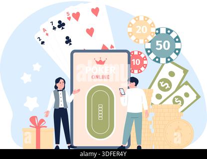 Online-Poker-Konzept. Mann spielt im Casino mit Smartphone. Croupier und Spieler, sucht nach digitalem Glücksspiel. Chips, Spielkarten und Geld, neuer Vektor Stock Vektor