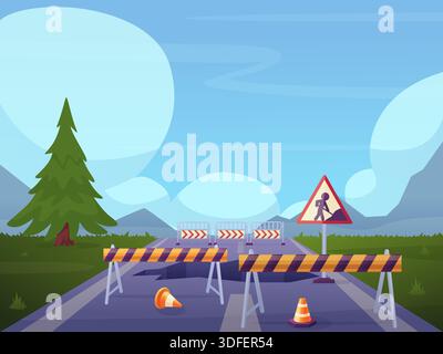 Abbildung: Straßenreparatur. Straße im Bau mit einem riesigen Loch. Verkehrsprobleme, gestreifte Schilder, Barrieren und Kegel. Ländliche Landschaft Stock Vektor