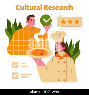 Vektor-Illustration, die einen Koch zeigt, der Pasta als Symbol der kulturellen Forschung hält. Ein Rezensent bewertet das Gericht positiv und zeigt kulinarische Wertschätzung und Feedback. Stock Vektor