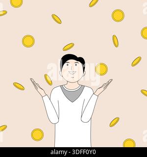 Ein Cartoon eines Mannes, der einen Haufen Münzen hochhält. Der Mann lächelt und ist glücklich. Die Münzen sind über das ganze Bild verstreut, von denen einige fallen Stock Vektor