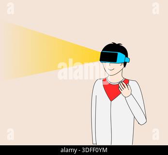 Ein Mann, der ein weißes Hemd und ein rotes Hemd trägt, steht vor einem gelben Licht. Er trägt ein Virtual-Reality-Headset und lächelt Stock Vektor