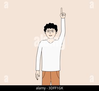 Ein Mann mit Brille zeigt mit dem Finger nach oben. Er lächelt und ist glücklich Stock Vektor