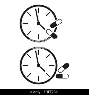 Symbol für medizinischen Zeitplan. Pille Time Vektor. Zeitschaltuhr für Gesundheitsfürsorge. Arzneimitteldosisüberwachung. EPS 10. Stock Vektor